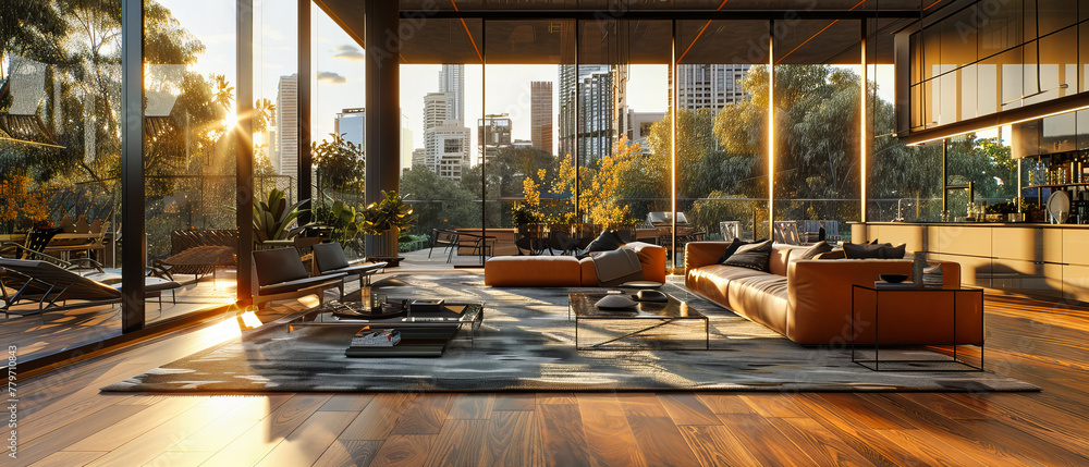Modern Urban Living Room with Sofa, Contemporary Design, and City View through Large Window, Stylish and Comfortable Interior