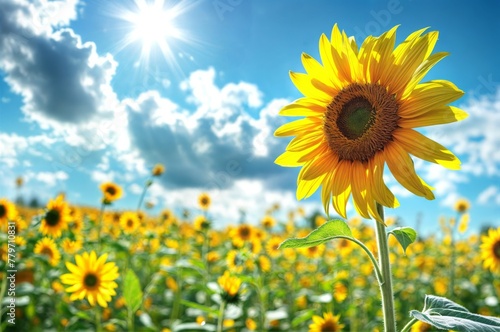 Sunflower field under bright sunshine with blue sky and nature elements in the summer season