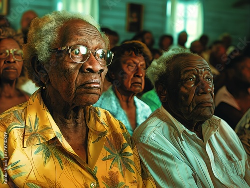 A group of people, mostly elderly, are sitting in a church. Scene is solemn and peaceful