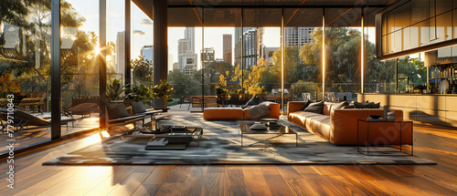 Modern Urban Living Room with Sofa  Contemporary Design  and City View through Large Window  Stylish and Comfortable Interior