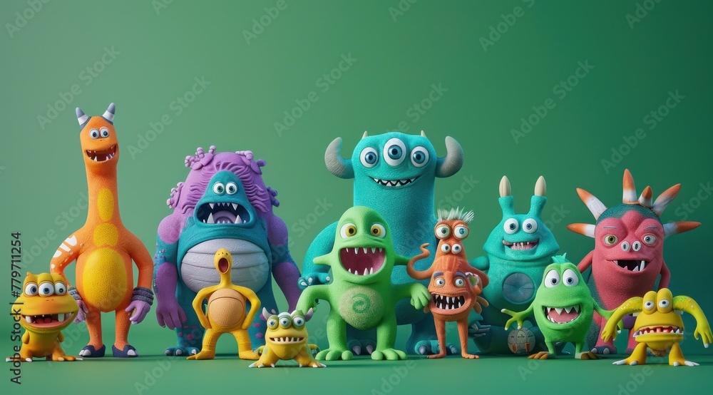 Fototapeta premium Un groupe de monstres mignons sur fond coloré, image avec espace pour texte.