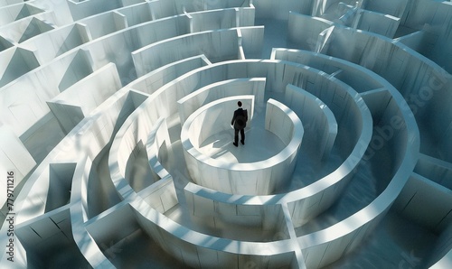 Un homme au centre d'un labyrinthe blanc complexe, symbolisant des défis complexes et interconnectés pour les entreprises.