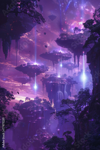 Fantasy Art, A mystical forest on an alien planet with levitating landmasses under a star-speckled purple sky.