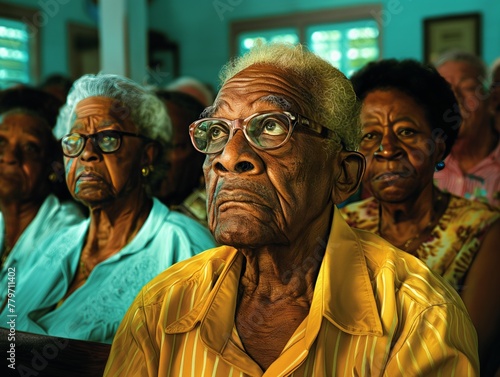 A group of older people are sitting in a church. One man is wearing glasses and has a serious look on his face