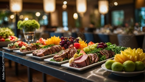 A carefully arranged buffet spread containing savory dishes and fresh produce creates a luxurious dining experience