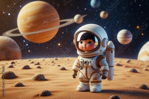 Mini astronaute sur planète lunaire, dessin animé, 3D
