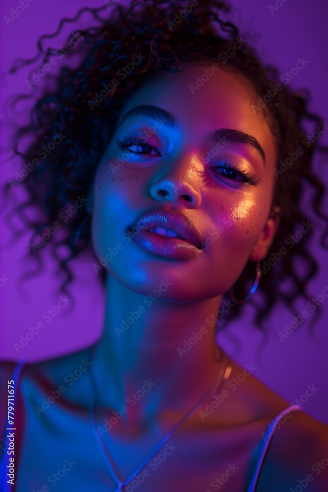 Portrait of a young beautiful African American woman in neon light. Portrait of a young beautiful African American woman in neon light.