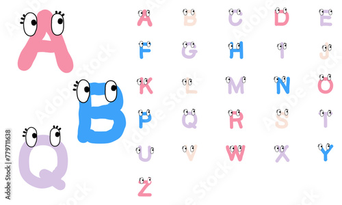 アルファベット レタリング モンスターのキャラクター風の目がついた手書き文字 パステル4色