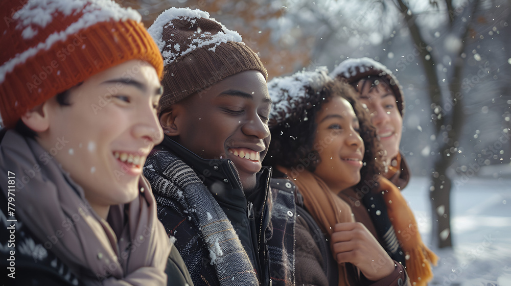 Photograph of diverse ethnicity group of young men and women at a snowy park in winter . Model photography. Photograph of diverse ethnicity group of young men and women at a snowy park in winter . Model photography.