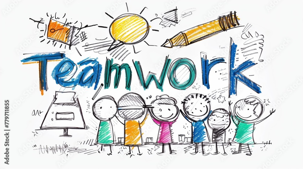 Obraz premium Hand-drawn sketch of stick figures holding hands under the word Teamwork.