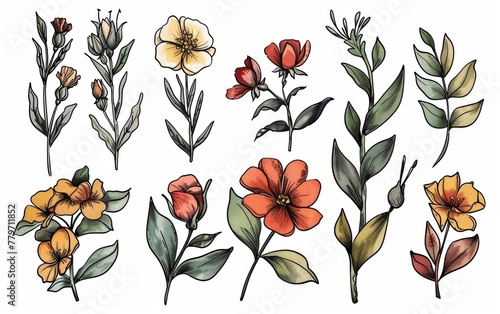 Hand drawn floral elements with sketchy style