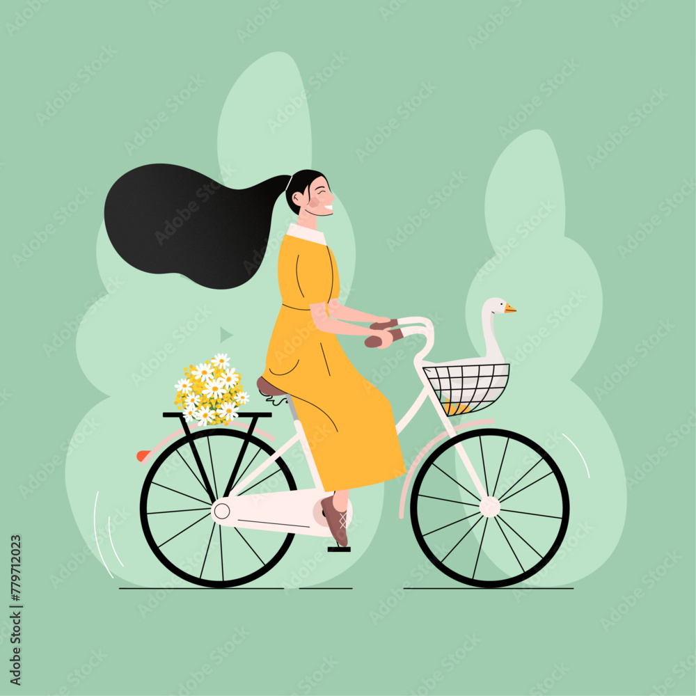 Cycling with a goose in a basket, a girl walking (in vector) Cycling with a goose in a basket, a girl walking (in vector)