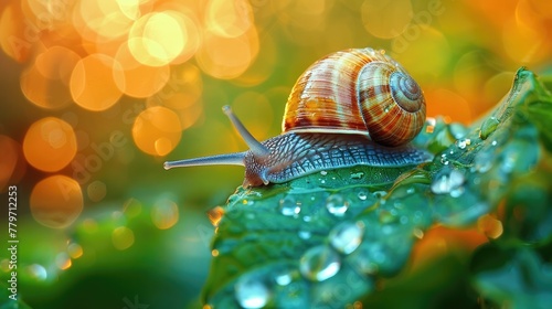 Snail Crawling on Dewy Green Leaf in Nature