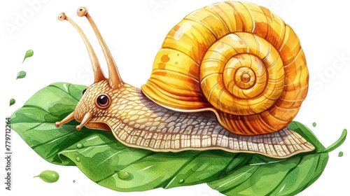 Cute Cartoon Snail Crawling on Green Leaf in Nature