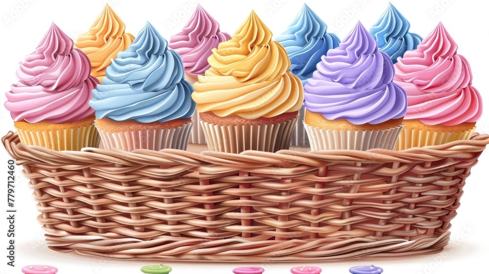 Assortment of Artfully Crafted Cupcakes in a Woven Basket Display