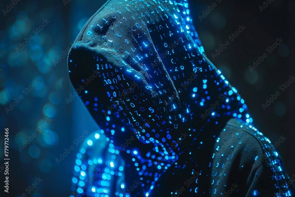 blue digital hacker with glowing binary code, ai in cybersecurity systems, threat detection algorithms, penetration testing tools, digital forensics analysis. cybercrime, cyber attack. - obrazy, fototapety, plakaty 