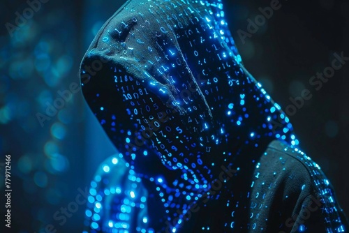 blue digital hacker with glowing binary code, ai in cybersecurity systems, threat detection algorithms, penetration testing tools, digital forensics analysis. cybercrime, cyber attack.