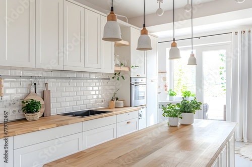 A kitchen with white cabinets  wooden counters  and pendant lights.