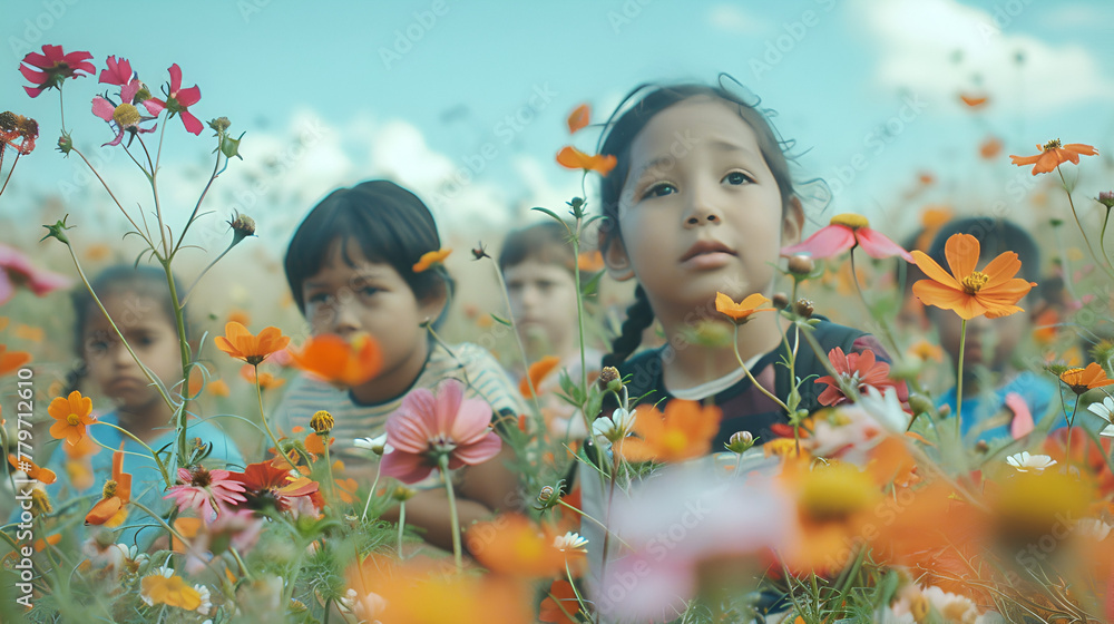 Photograph of diverse ethnicity group of kids in a field full of blooming flowers . Model photography. Photograph of diverse ethnicity group of kids in a field full of blooming flowers . Model photography.