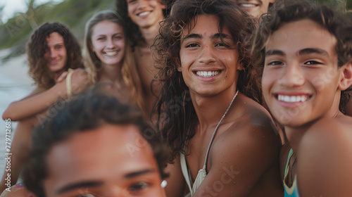 Photograph of diverse ethnicity group of young men and women at a tropical beach . Model photography.