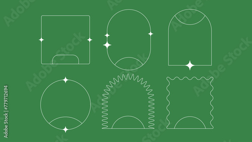 Aesthetic geometric simple shapes in trendy futuristic style with stars. Minimalistic y2k linear frames. Brutal forms circle, oval, square, arch. Vector illustration for retro design.