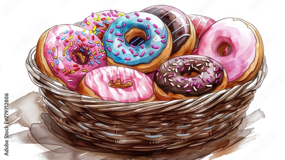 Assortment of Colorful Glazed and Sprinkled Doughnuts Arranged in a Woven Basket on a White Background