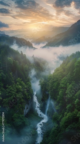 Drone view over majestic landscapes, hidden waterfalls, and untouched forests, dawn's light