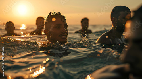 Photograph of diverse ethnicity group of young men and women swimming at sea . Model photography.