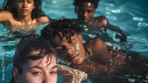 Photograph of diverse ethnicity group of young men and women in a pool . Model photography.