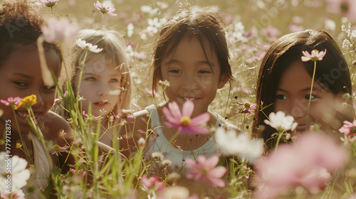 Photograph of diverse ethnicity group of kids in a field full of blooming flowers . Model photography.