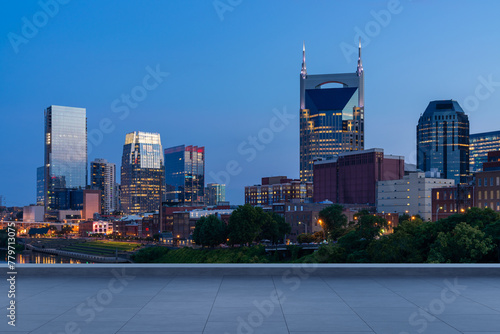 Skyscrapers Cityscape Downtown, Nashville Skyline Buildings. Beautiful Real Estate. Night time. Empty rooftop View. Success concept.