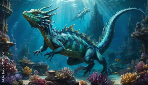 An underwater fantasy realm with a majestic blue dragon roaming an ancient, coral-covered cityscape.. AI Generation