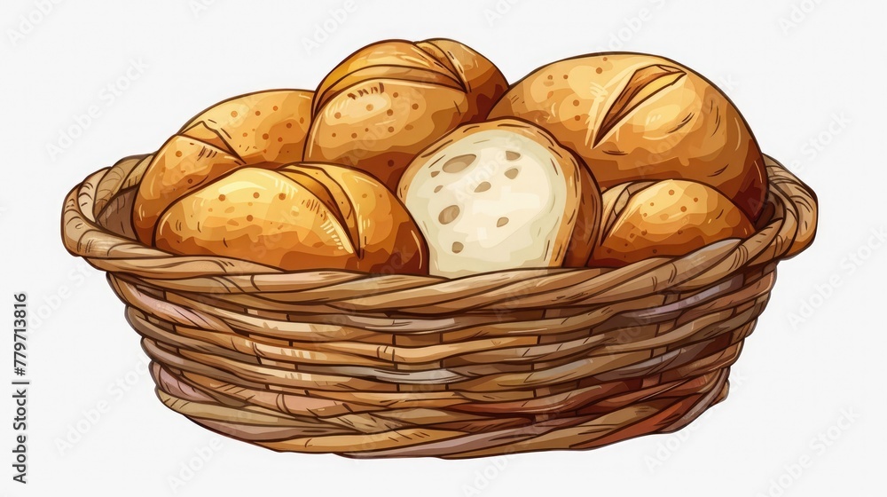 Assorted Homemade Bread Rolls and Loaves in Woven Wicker Basket for Bakery or Cafe Menu Display description This image depicts a woven wicker basket