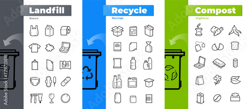 Ready sets of icons for separating waste on trash, compost, recycle. Vector elements are made with high contrast, well suited to different scales.  Ready for use in your design. EPS10.