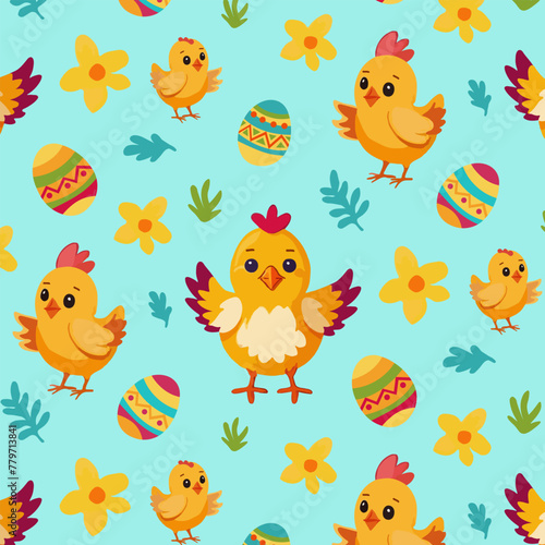 blue Easter pattern with chicks, eggs, yellow flowers and grass