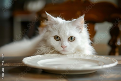 White fluffy cat next to empty plate waiting for food