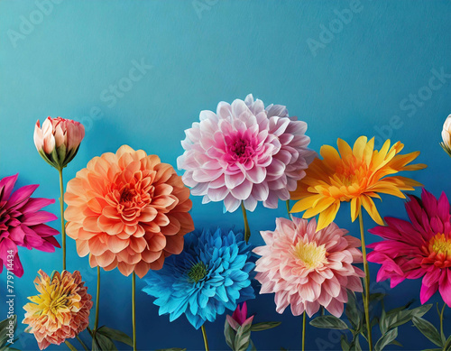 Flores diversas coloridas formando um barrado com fundo azul claro. photo