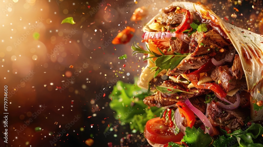 fresh grilled beef turkish or chicken arabic shawarma doner sandwich with flying ingredients and spices hot ready to serve and eat food commercial advertisement menu banner with copy, Generative ai fresh grilled beef turkish or chicken arabic shawarma doner sandwich with flying ingredients and spices hot ready to serve and eat food commercial advertisement menu banner with copy, Generative ai