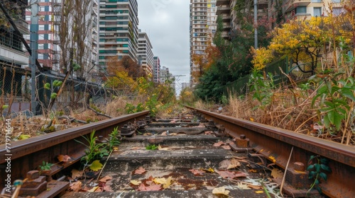 Overgrown Urban Railroad in Autumn