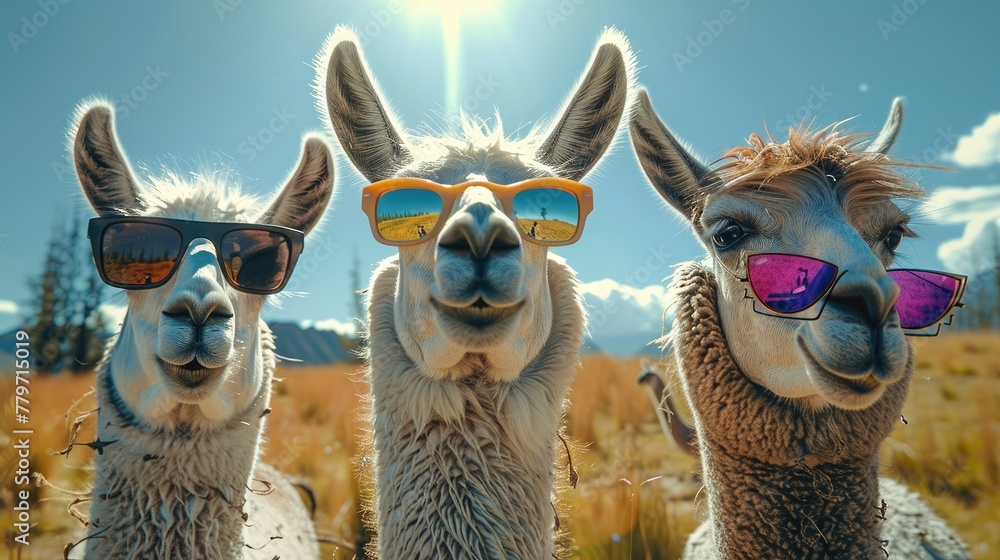 Three llamas wearing sunglasses standing in a field. Generative AI.