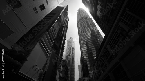 Skyward View of City Skyscrapers in Monochrome