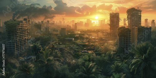 In a scorching world, urban ruins are engulfed by thriving nature after the apocalypse.
