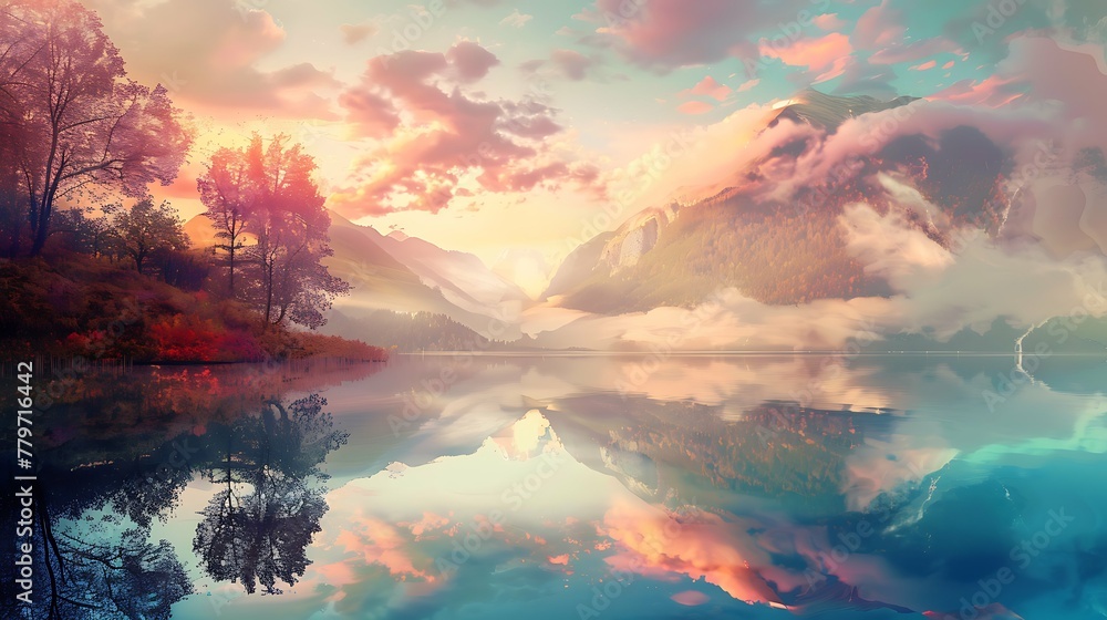 Obraz premium Beautiful paradise landscape picture, sky and clouds, nature, grass, meadow, river, wallpaper background