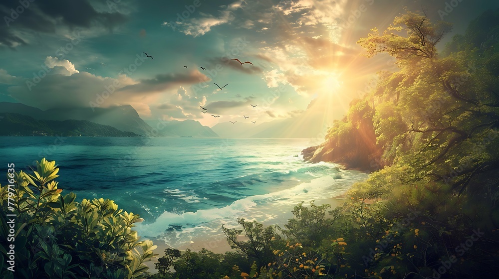 Beautiful paradise landscape picture, sky and clouds, nature, grass, meadow, river, wallpaper background Beautiful paradise landscape picture, sky and clouds, nature, grass, meadow, river, wallpaper background