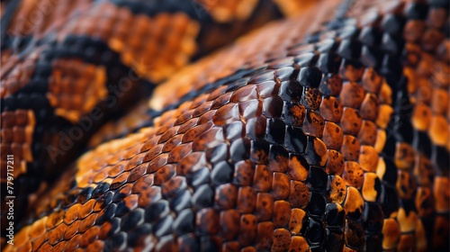 Close-up view of snake skin texture against natural background, emphasizing intricate patterns and brown coloration, conveying danger and wildlife allure photo