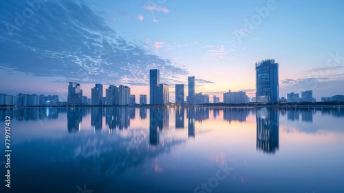 Sunset Skyline Reflection on City River © Leli