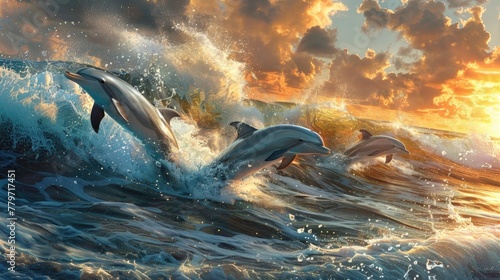 Dolphins Leaping Through Dramatic Ocean Waves at Sunset