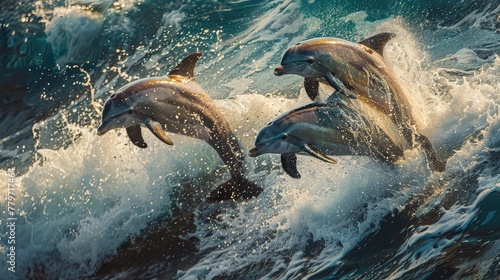 Magnificent Dolphins Soaring Through Crashing Ocean Waves in a Spectacular Display of Nature s Aquatic © Sittichok
