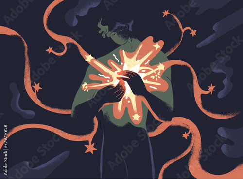 Light in darkness, psychology concept. Spiritual soul, hope, inspiration and subconscious. Creative mind, fantasy. Inner sense, secret idea, spirit in self. Psychological flat vector illustration.