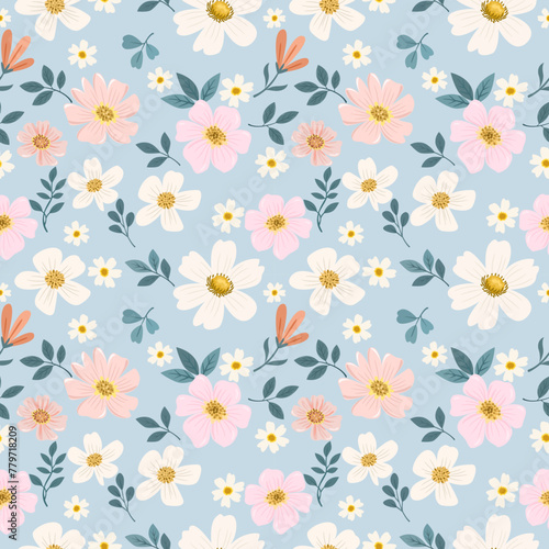 Beautiful blooming flowers in pastel color seamless pattern for fabric textile wallpaper background.